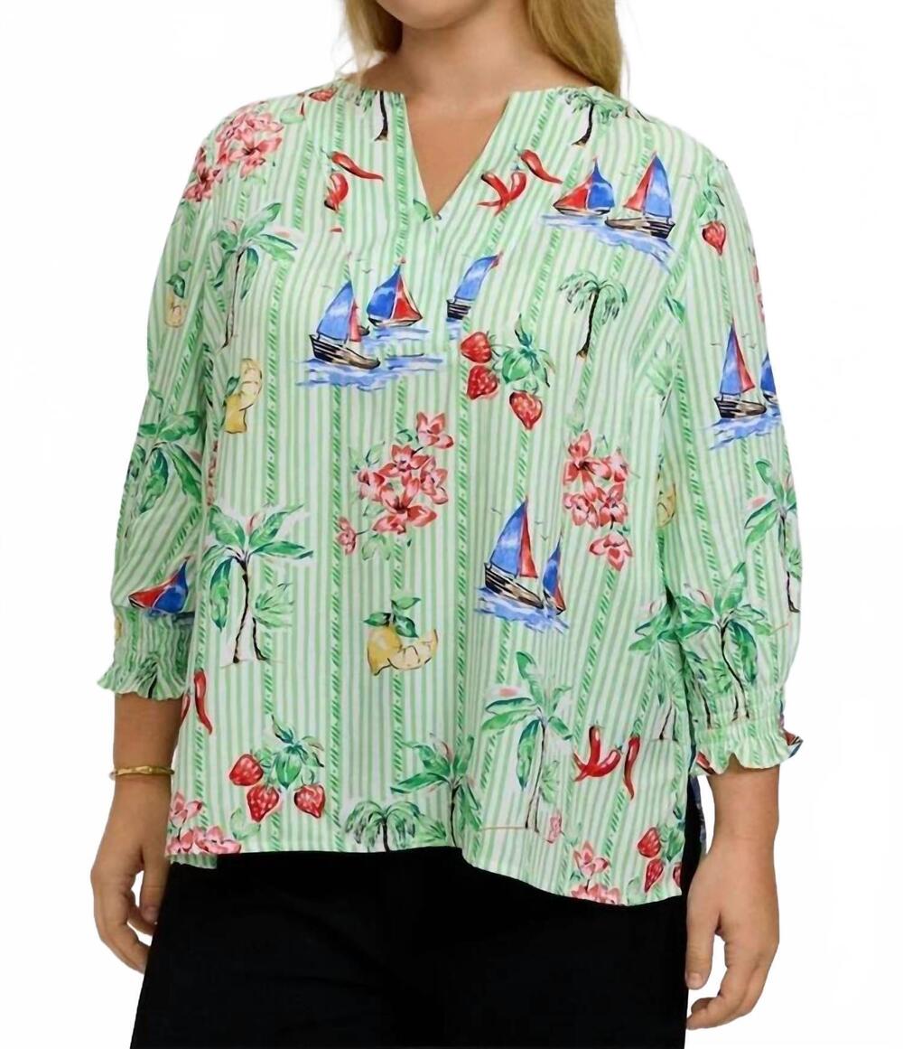 NEW FOXCROFT alica 3/4 recess shirt - plus in resort stripe